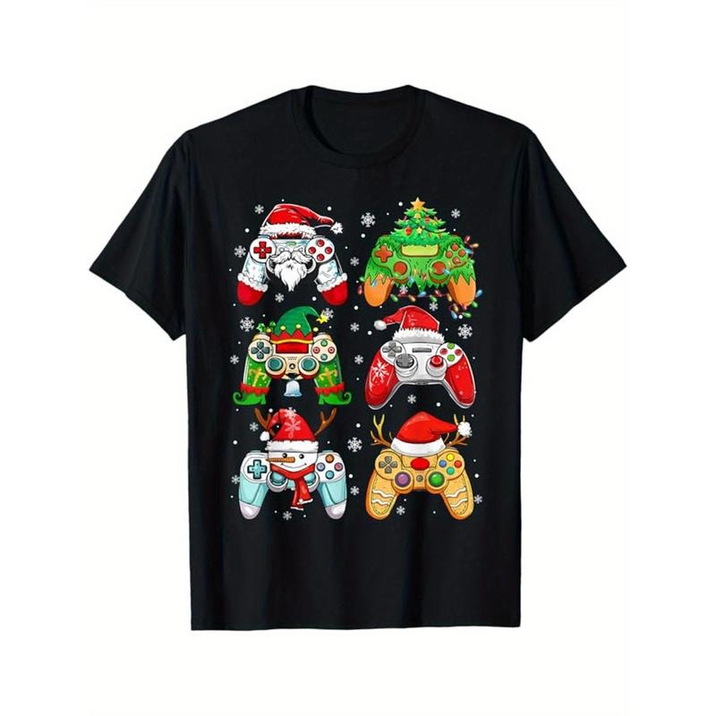 Christmas Printed, Men's Cotton T-shirt, Graphic Tee Men's Xmas Outdoor Clothes, Men's Clothing, Casual Short Sleeve Crew...