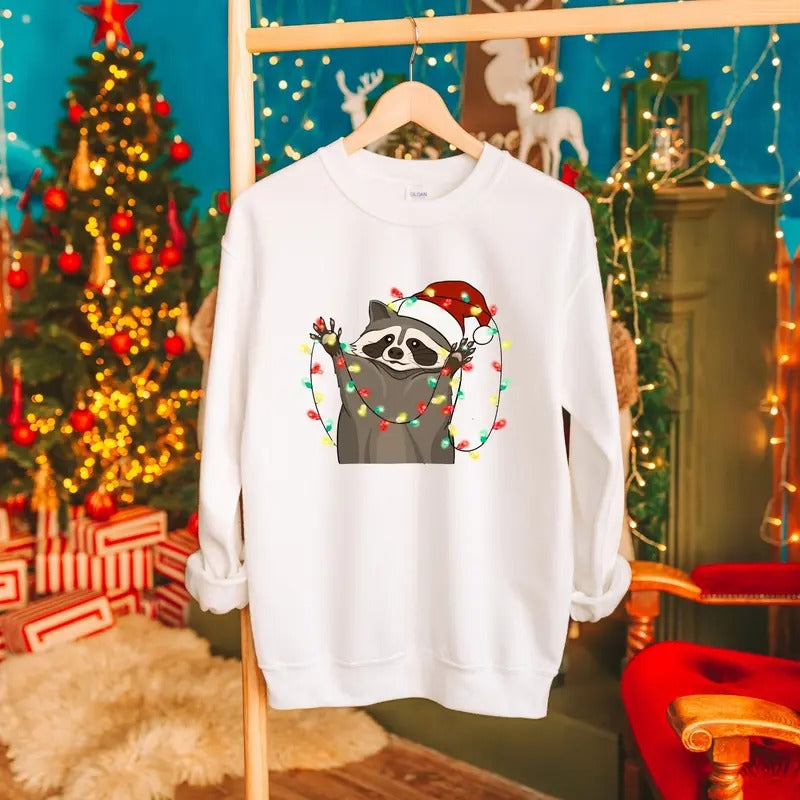 Christmas Racoon Lights Shirt, Christmas Cute Animal T-Shirt, Christmas Racoon Tee, Racoon Lighting Shirt, Funny Holiday...