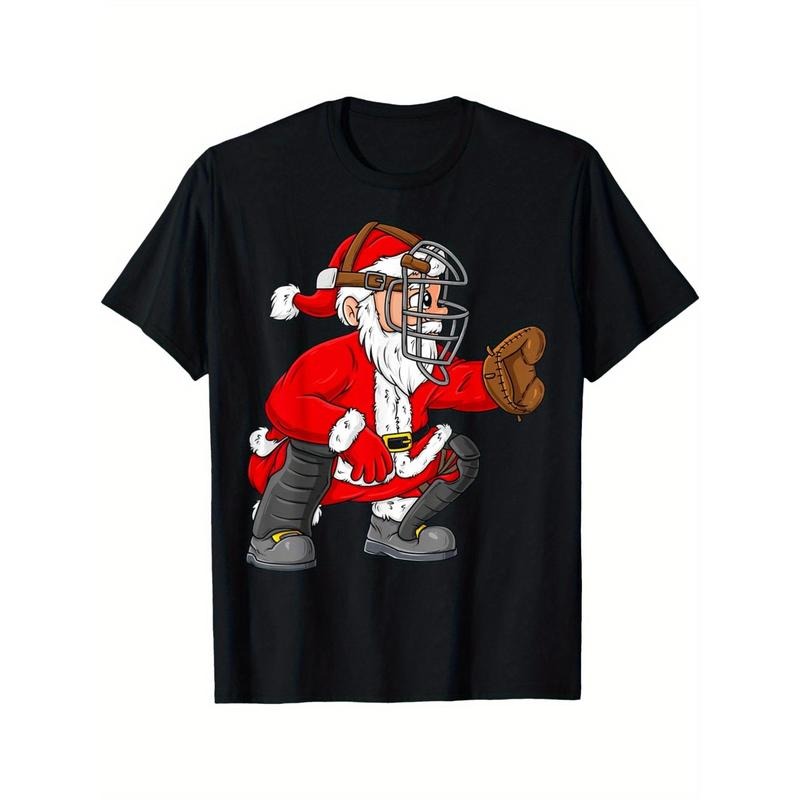 Christmas Santa Claus Baseball Catcher Xmas T-Shirt- Tee Cotton - Men's Funny T-Shirt Dad, Perfect Gift made in usa...