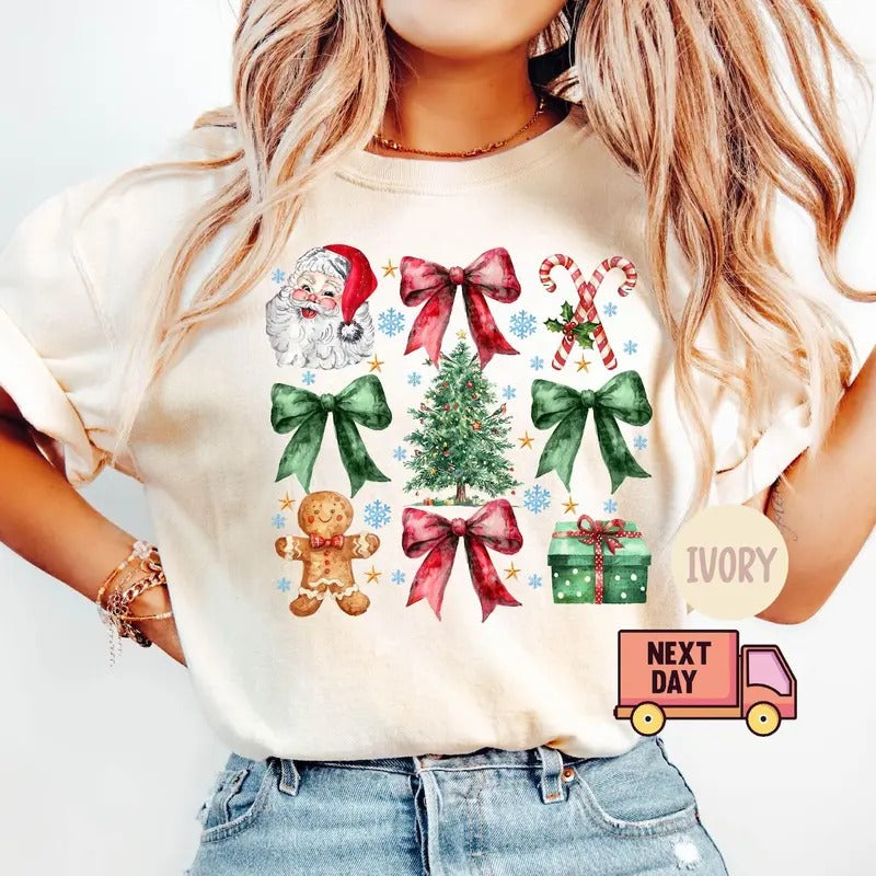 Christmas Santa Coquette Bow Candy Gingerbread T-shirt, Coquette Bow T-shirt, Christmas Trending Womens Shirt, Retro...