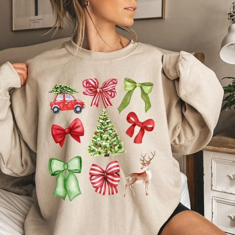 Christmas Sweatshirt | Coquette Bows Girly Holiday Sweatshirt for Women & Girls | Xmas Crewneck Sweatshirt | Preppy...