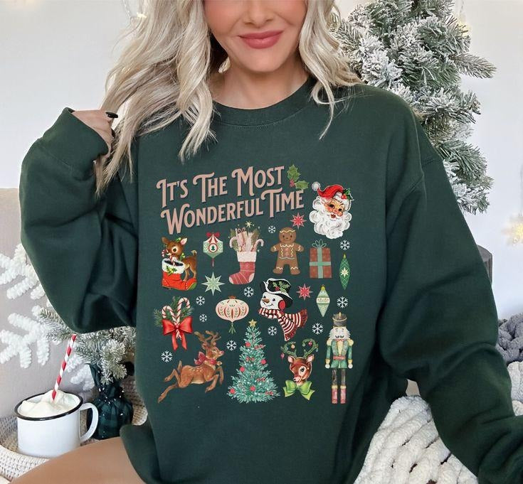 Christmas Sweatshirt, It's The Most Wonderful Retro Santa Shirt, Vintage Style Christmas Doodles, Christmas Tree...