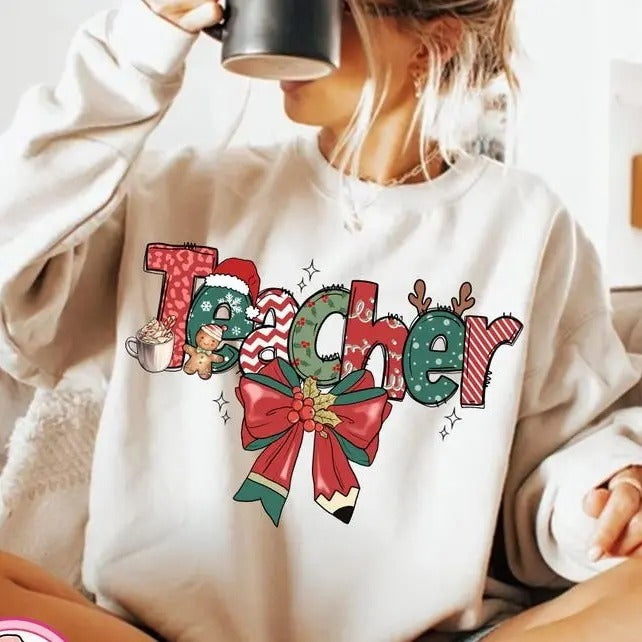 Christmas Teacher Sweatshirt, Teacher Coquette Christmas Shirt, Pencil Coquette Bow Shirt, Christmas Gift, Retro...