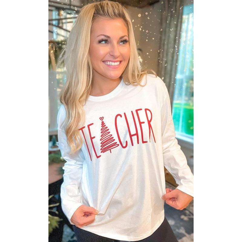 Christmas Teacher Tree Graphic Boyfriend Long Sleeve T-Shirt Hoodie, Sweatshirt | TeeBloomCo.com