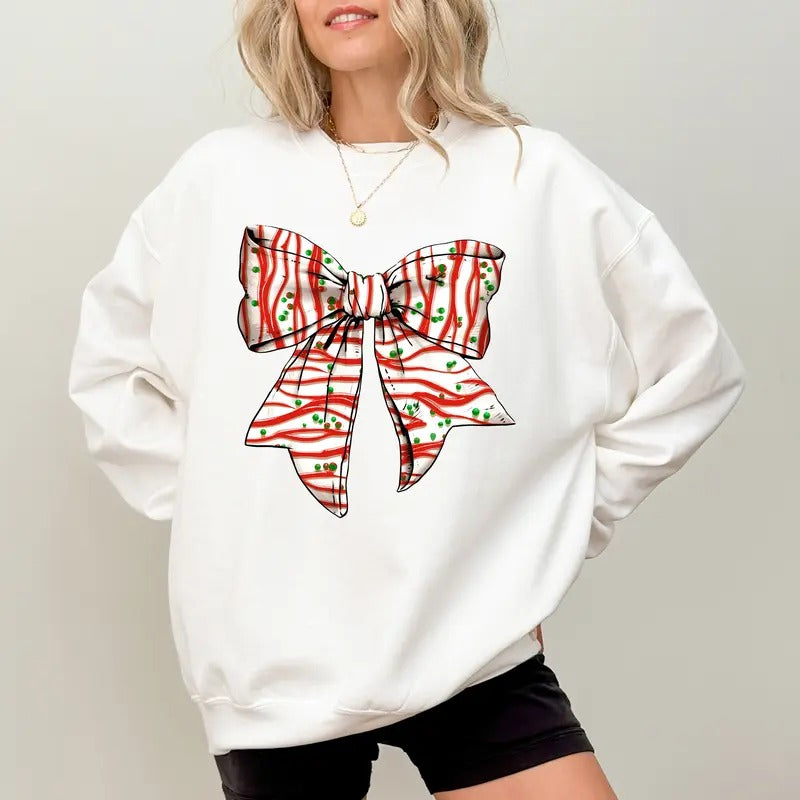 Christmas Tree Cake Coquette Bow Sweatshirt, Girly Christmas Coquette Crewneck, Cute Tree Cake Bow Sweater for Girls,...