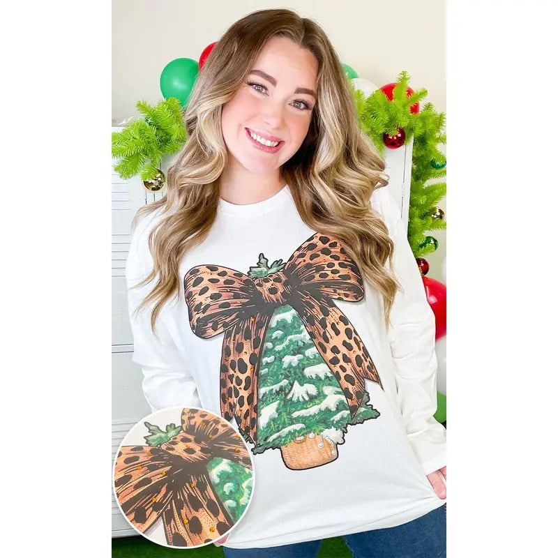 Christmas Tree Cheetah Bow Rhinestone Graphic Long Sleeve T-Shirt Hoodie, Sweatshirt | TeeBloomCo.com