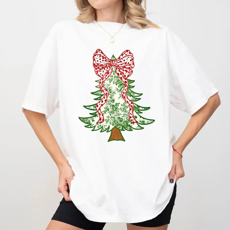 Christmas Tree Comfort Colors Shirt, Green Grandmillennial Christmas Tree Tee, Christmas Coquette Bow Unhinged Tees,...