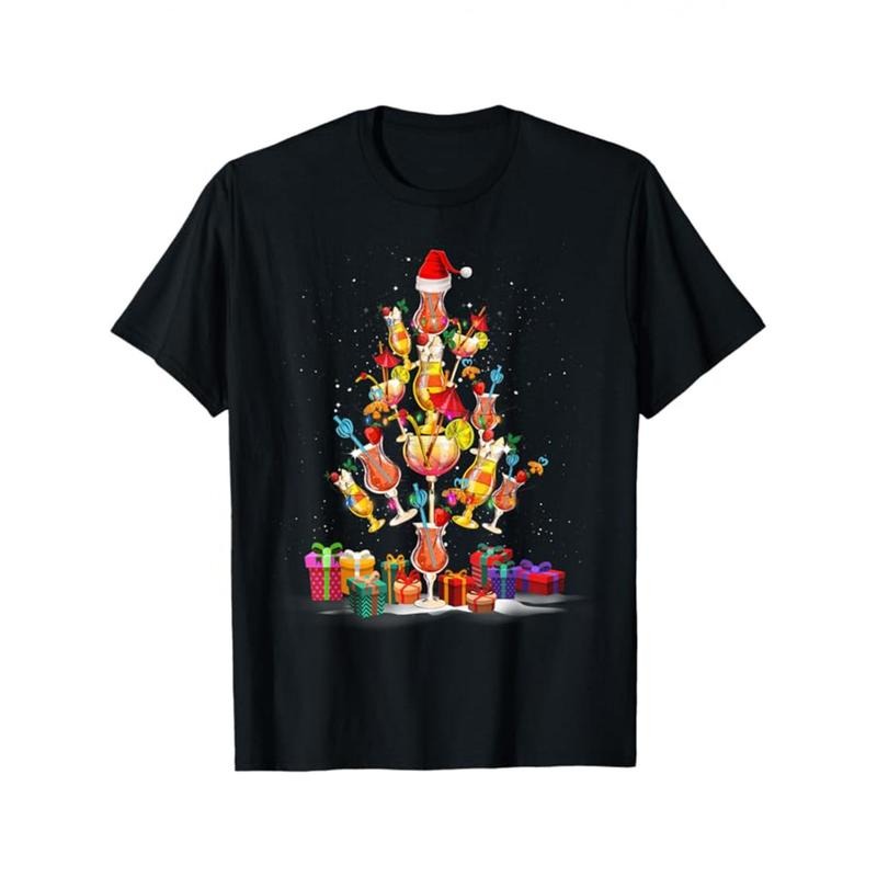 Christmas Tree Print Men's Cotton 220G T-shirt, Graphic Tee Men's Xmas Outdoor Clothes, Men's Clothing, Casual Short...