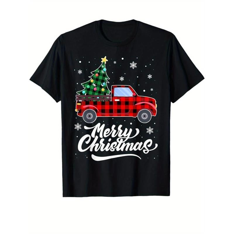 Christmas Tree Print Men's Cotton T-shirt, Graphic Tee Men's Xmas Outdoor Clothes, Men's Clothing, Casual Short Sleeve...