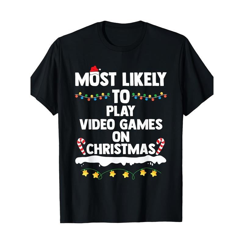 Christmas Video Game Fun T-Shirt, 100% Cotton, Crew Neck, Short Sleeve, Regular Fit, with Geometric Pattern, Slight...