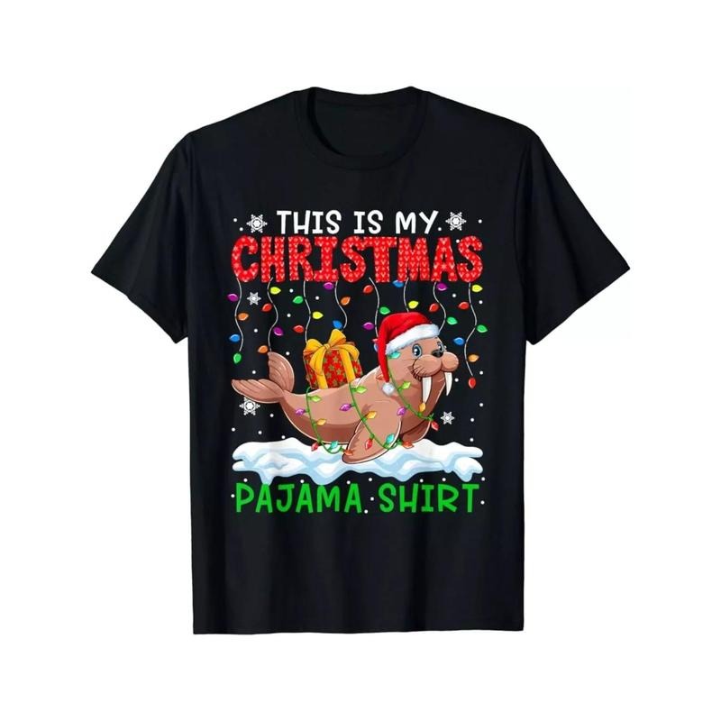 Christmas Walrus T-Shirt - 100% Cotton Crew Neck Short Sleeve Tee with Santa and Xmas Box Design, Casual Festive Top for...