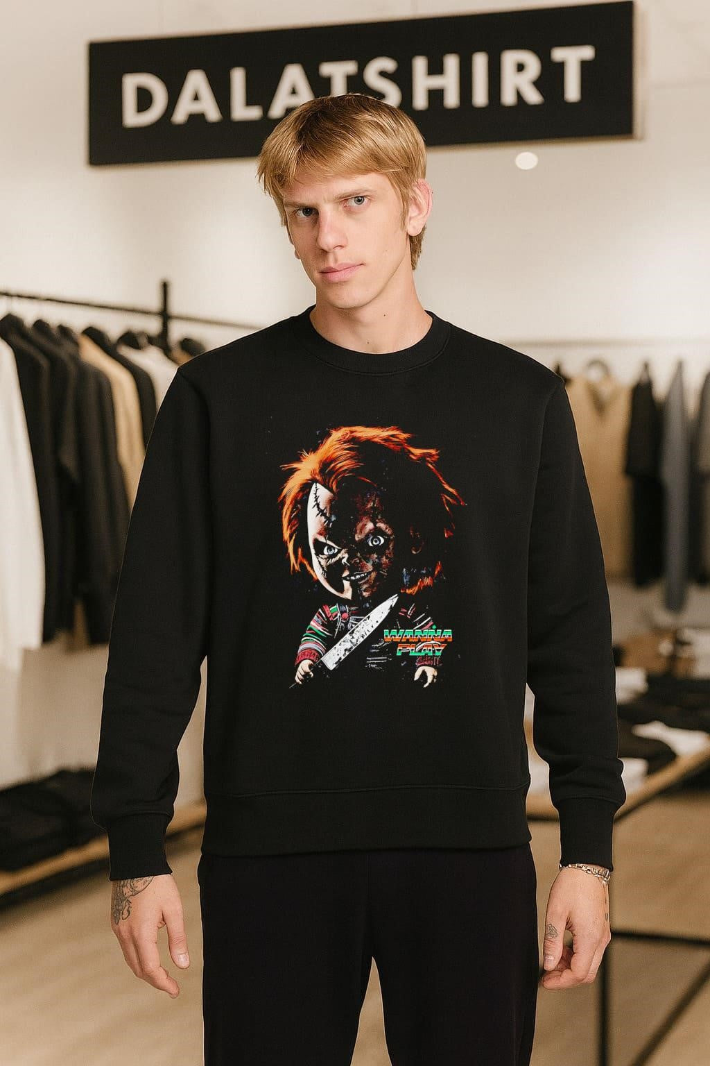 Chucky Wanna Play Horror Movie Character Holding Knife Graphic shirt
