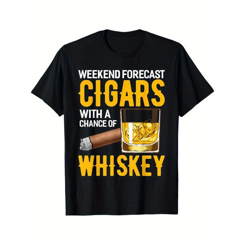Cigar And Whiskey Print Men's Cotton Round Neck Print Tee, Short-Sleeve Comfy T-Shirt, Loose Casual Top, Men's Clothing...