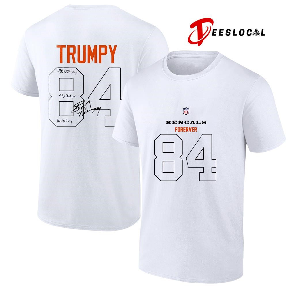 Cincinnati Bengals forever RIP Bob Trumpy 84 signatures name and number shirt