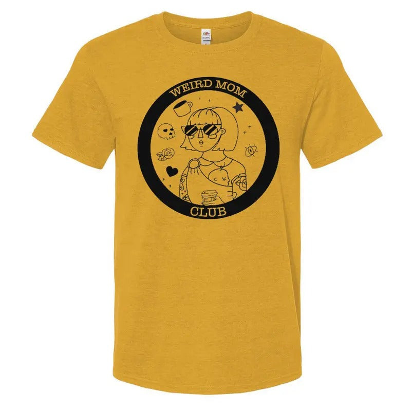 Circle Weird Mom Club Logo on a mustard or gold shirt. Hoodie, Sweatshirt | TeeBloomCo.com