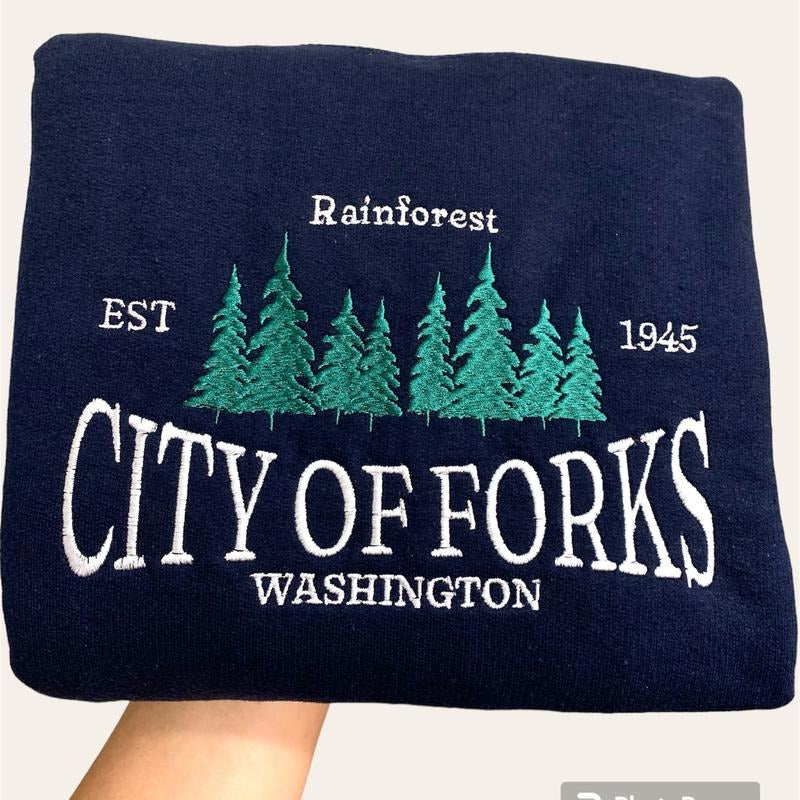 City of Forks Embroidered Sweatshirt - Cozy Town Apparel -  Custom Embroidery - Unique Forks Jumper T-Shirts, Hoodie