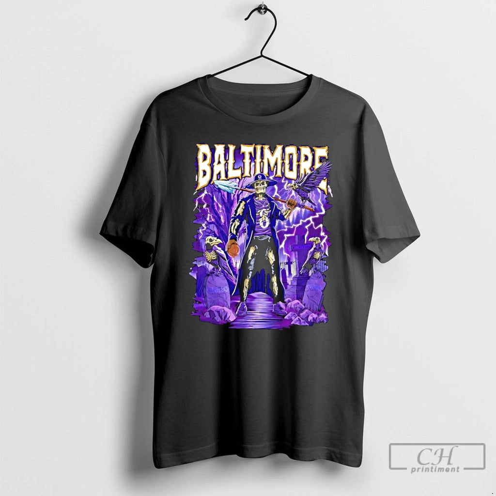 Classic Baltimore Purple Skeleton Grave Digger Shovel Player With Ravens Halloween Football T Shirts Sweater Hoodie,...