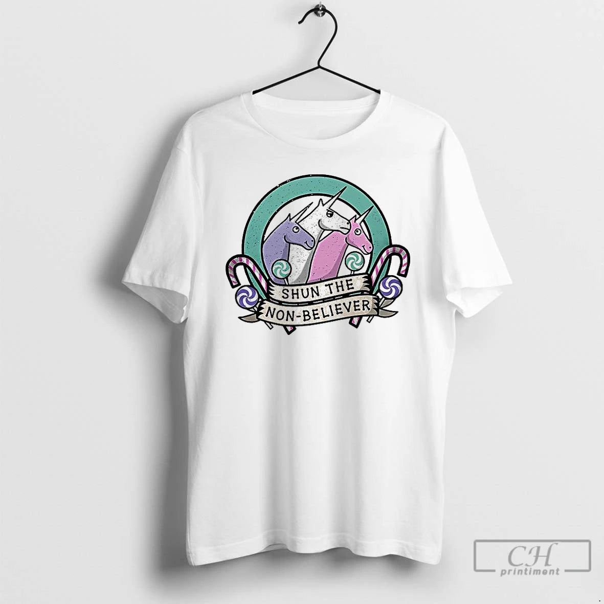 Classic Charlie The Unicorn Shun The Non Believer Candy Cane Cartoon T-Shirts, Hoodie, Sweatshirt | TeeBloomCo.com
