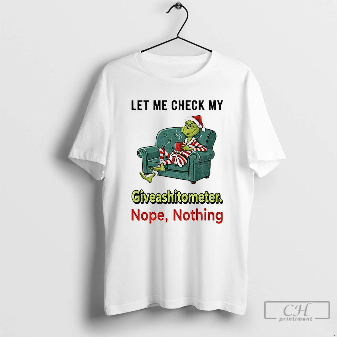Classic Grinch Santa Let Me Check My Giveashittometer Nope Nothing Christmas T-Shirts, Hoodie, Sweatshirt | TeeBloomCo.com