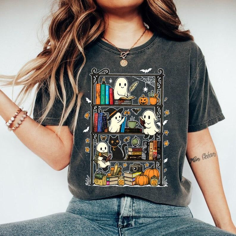 Classic Halloween Bookshelf, Ghost Boo Reading Sweatshirt, Cute Halloween Sweatshirt, Halloween Sublimation Design,...