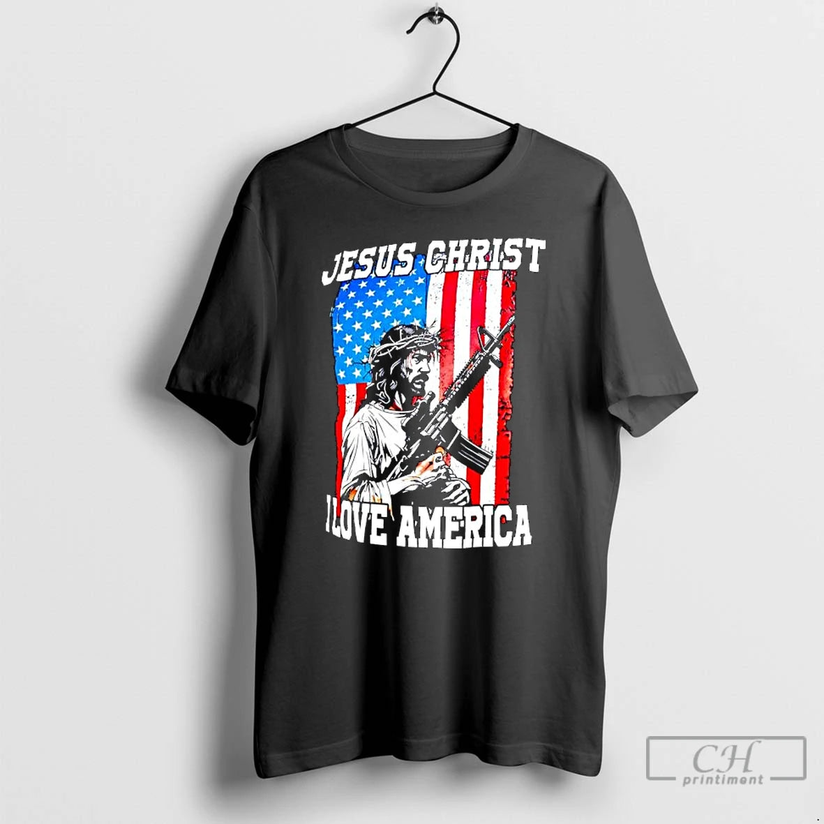 Classic Jesus Christ I Love America Rifle American Flag Graphic T-Shirts, Hoodie, Sweatshirt | TeeBloomCo.com