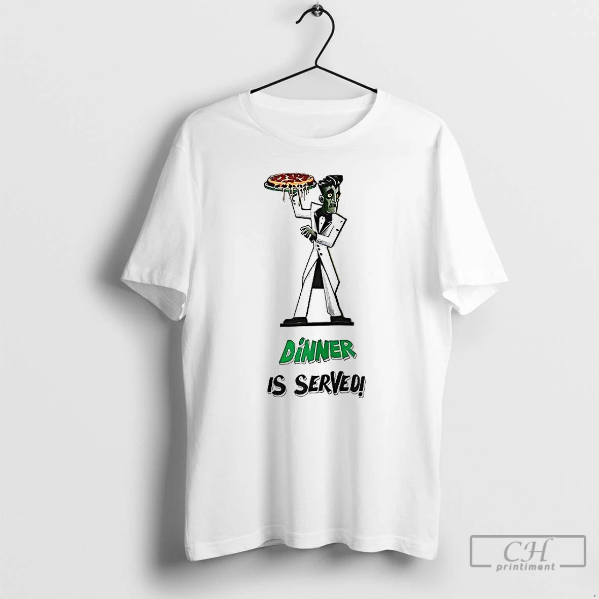 Classic Zombie Holding Pizza Dinner Is Served T-Shirts, Hoodie, Sweatshirt | TeeBloomCo.com