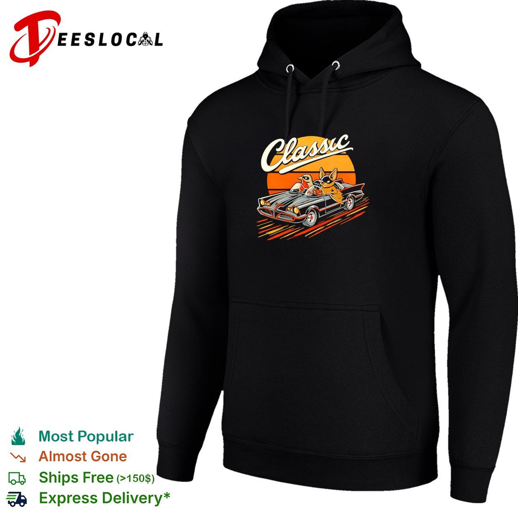 Classic cat and bird riding vintage convertible retro sunset art shirt