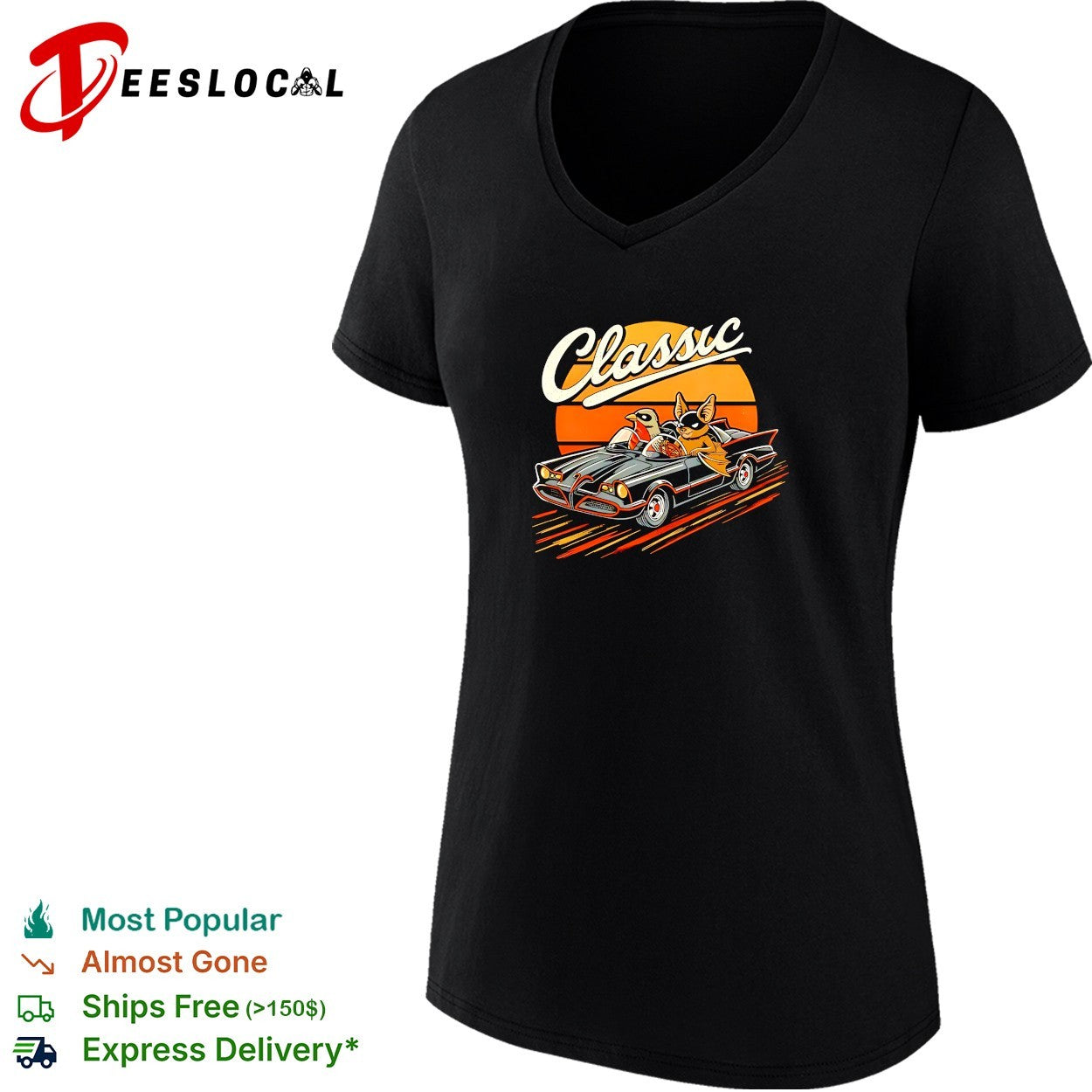 Classic cat and bird riding vintage convertible retro sunset art shirt