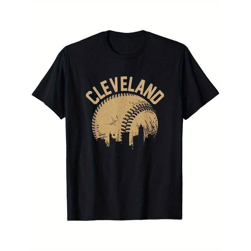 Cleveland Baseball Skyline Graphic T-Shirt, 100% Cotton Crew Neck Tee, Geometric-Patterned, Short Sleeve, Regular Fit,...