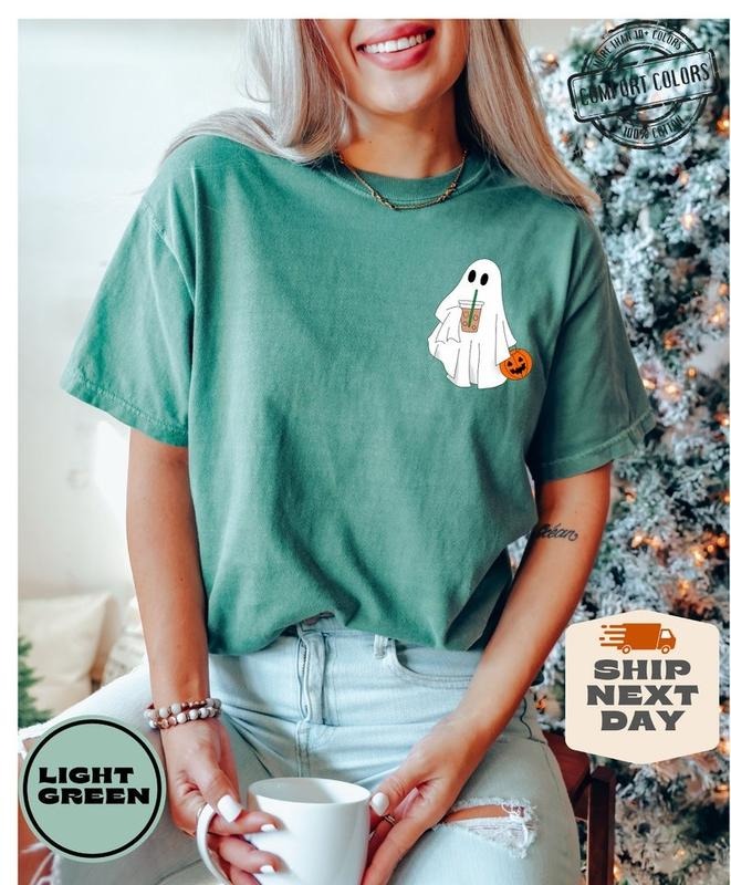 Co-mfort Colors Сute Ghost Coffee Shirt, Сute Little Ghost Iced Coffee t-shirt, Boo Ghost Shirt, Ghost Coffee Shirt,...
