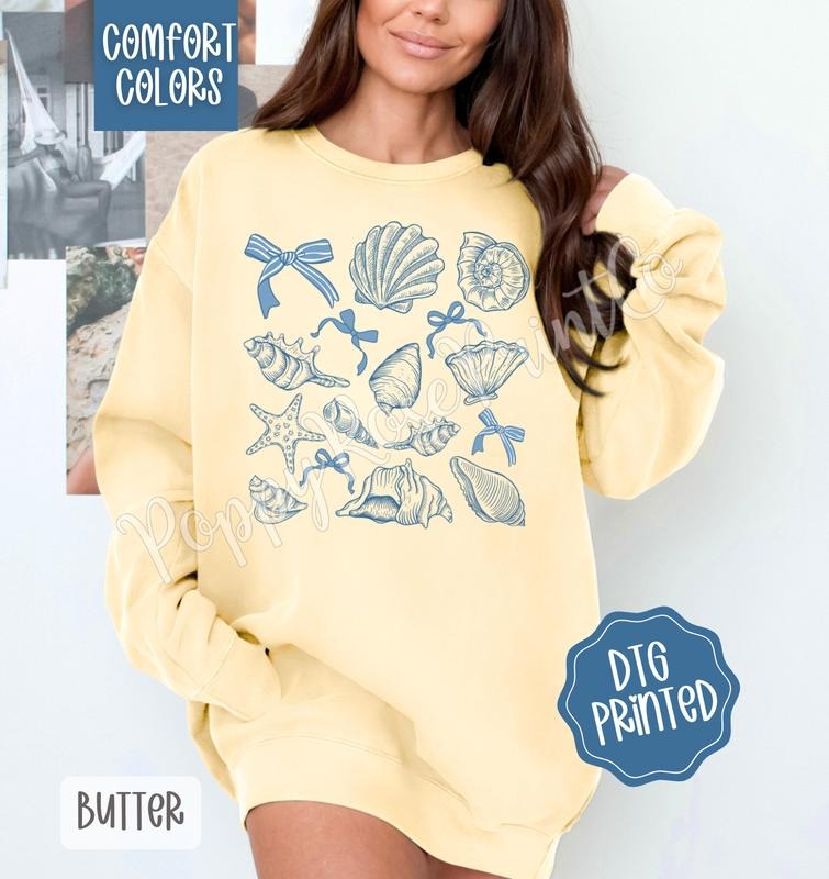 Coastal Seashells Comfort Colors Sweatshirt, Cute Summer Sweater, Girly Beach Crewneck T-Shirts, Hoodie | TeeBloomCo.com