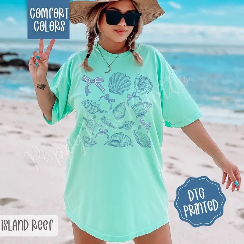 Coastal Seashells Comfort Colors Tshirt, Cute Summer Tee, Girly Beach Shirt Hoodie, Sweatshirt | TeeBloomCo.com