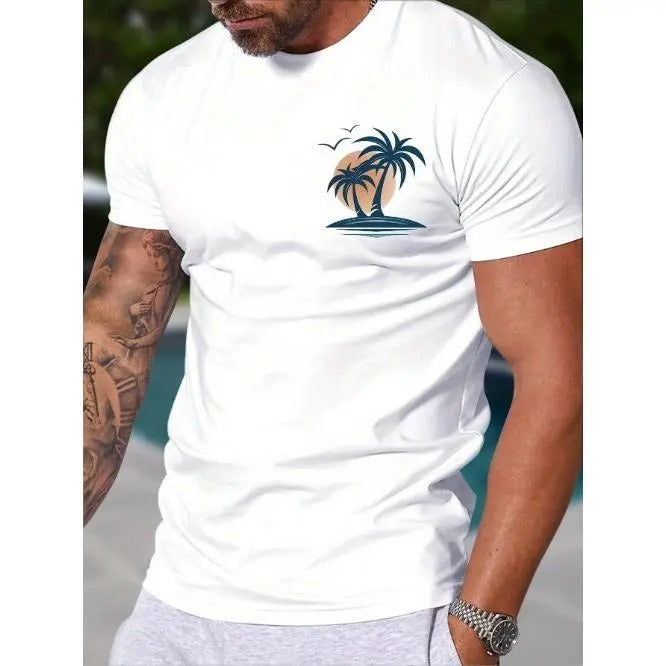 Coconut Tree Graphic Print T-Shirt - Relaxed Fit Mens Casual Tee with Slightly Elastic Fabric and Classic Round Neck
