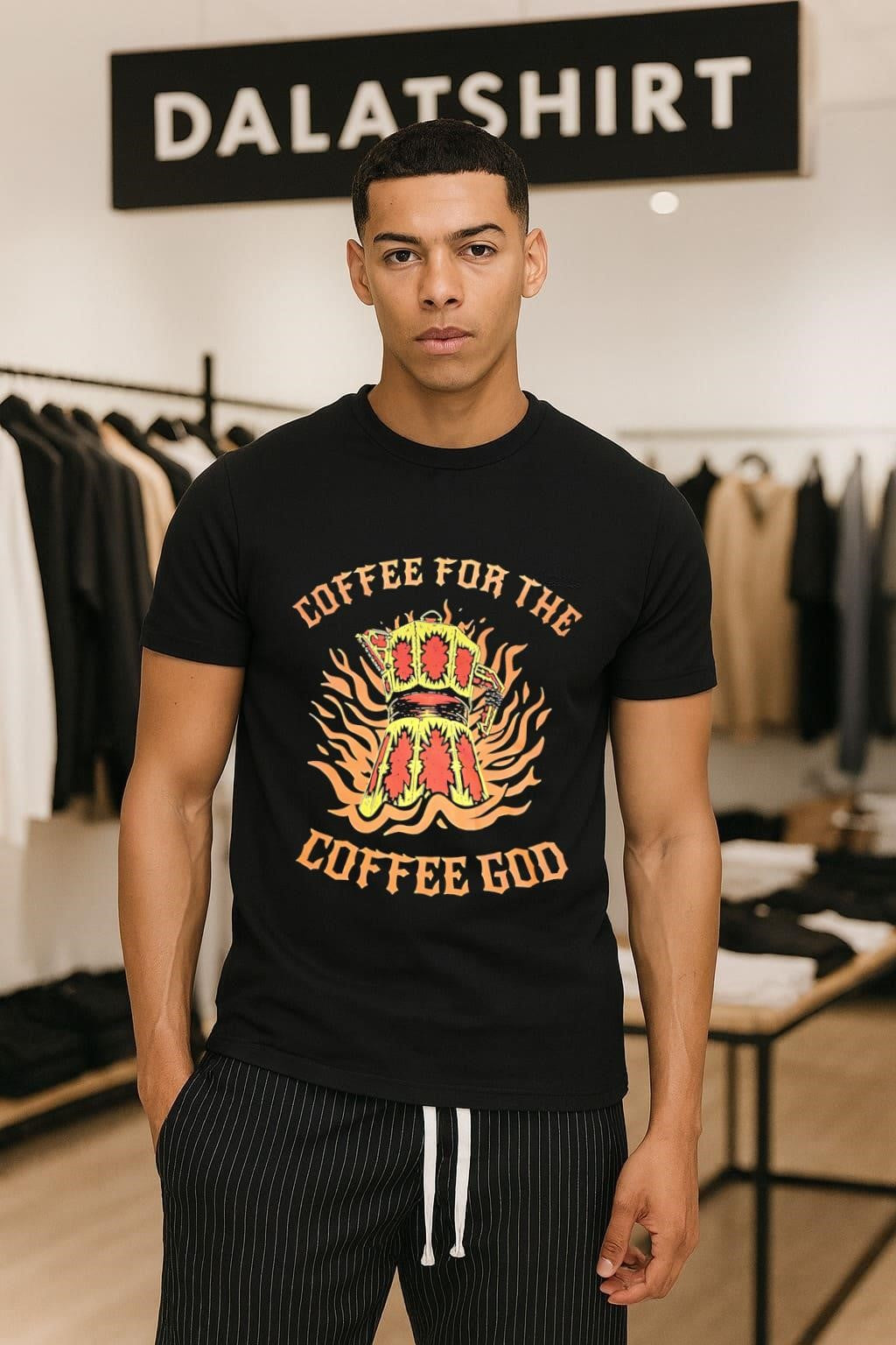 Coffee For The Coffee God Moka Pot Flames shirt