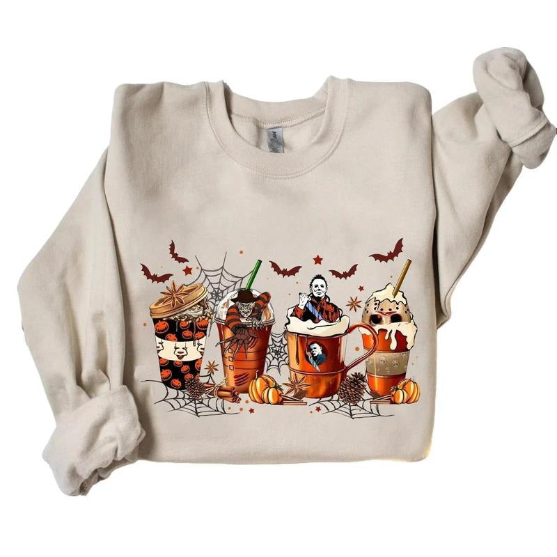 Coffee Horror Movies Halloween Crewneck Sweatshirt Hoodie Tshirt, Halloween 2024 Gifts | TeeBloomCo.com