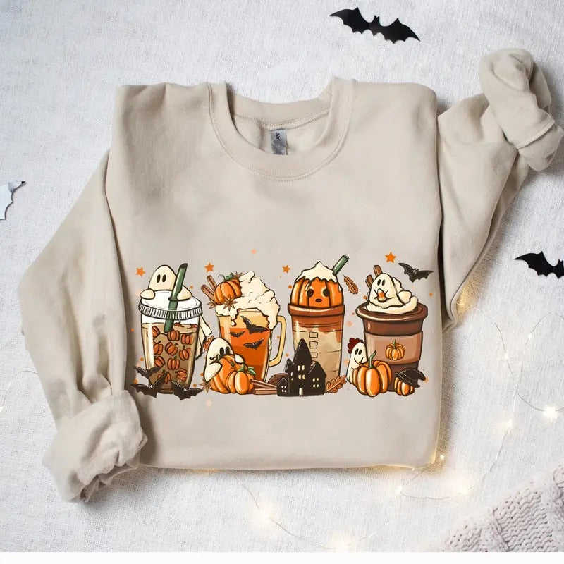 Coffee Pumpkin Halloween Crewneck Sweatshirt Hoodie Tshirt, Halloween 2024 Gifts | TeeBloomCo.com