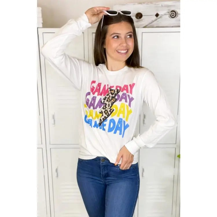 Colorful Game Day Leopard Lightning Bolt Long Sleeve Shirt Hoodie, Sweatshirt | TeeBloomCo.com