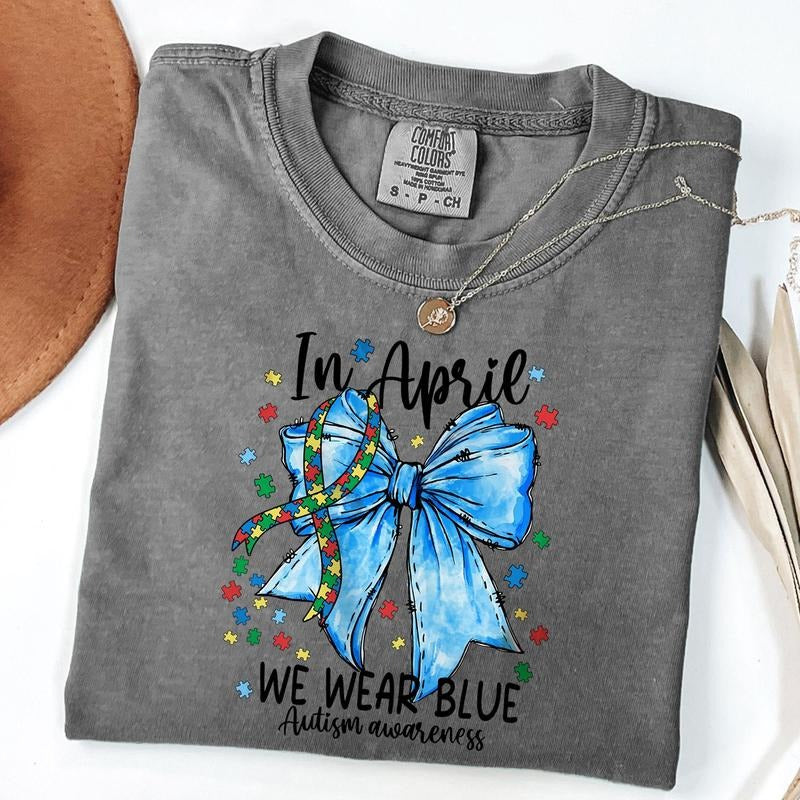 Comfort Colors Autism Awareness Coquette Bow Shirt, In April We Wear Blue Shirt, Special Education Shirt, Unisex T-Shirt...