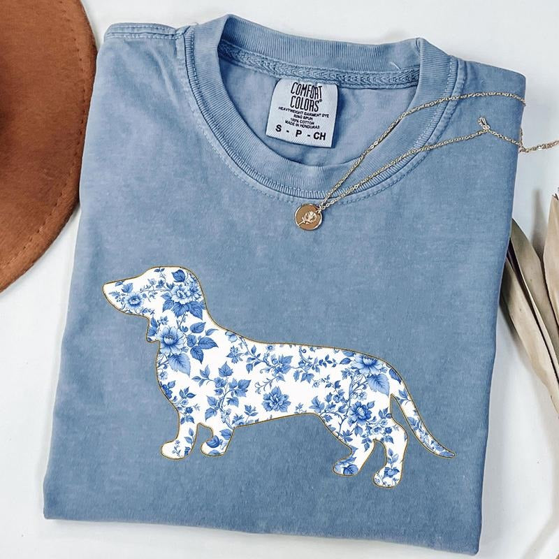 Comfort Colors Blue Floral Toile Dachshund Shirt, Floral Doxie Mama Tee, Wiener Dog T-shirt Hoodie, Sweatshirt