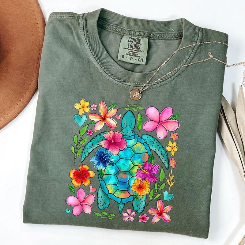 Comfort Colors Boho Floral Sea Turtle Shirt, Brushstroke Turtle Shirt, Beach Floral Shirt, Unisex T-Shirt Hoodie, Sweatshirt