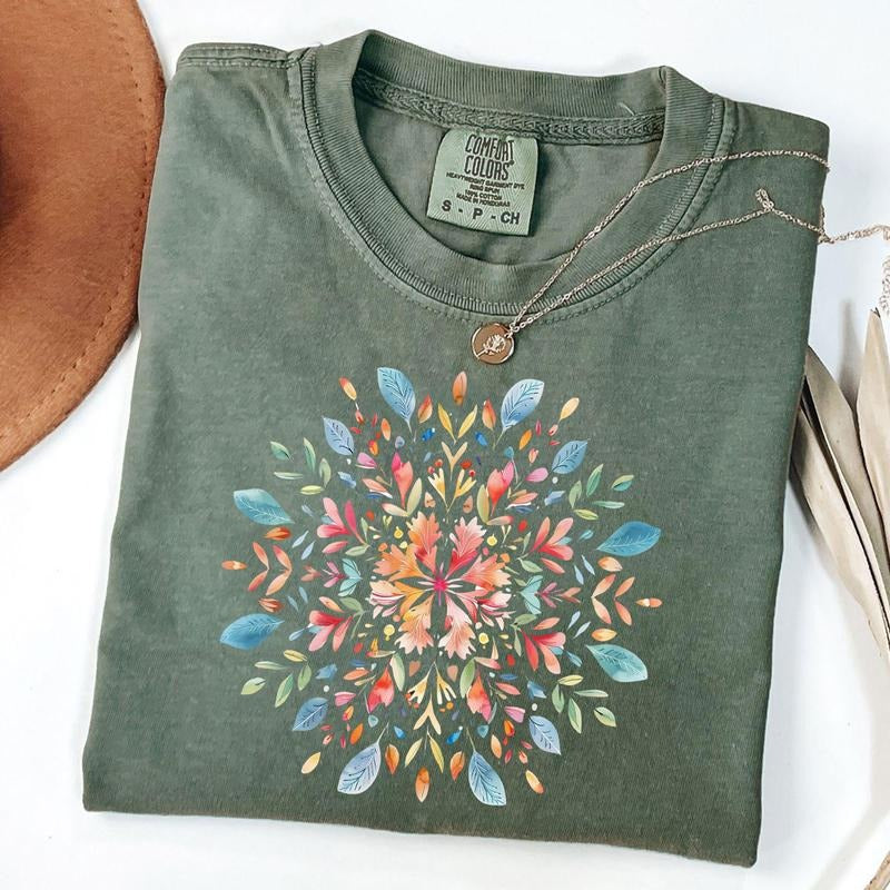 Comfort Colors Boho Mandala Shirt, Intricate Floral T-Shirt, Botanical Art Tee, Spring Blooms Shirt, Artistic Flower Tee,...