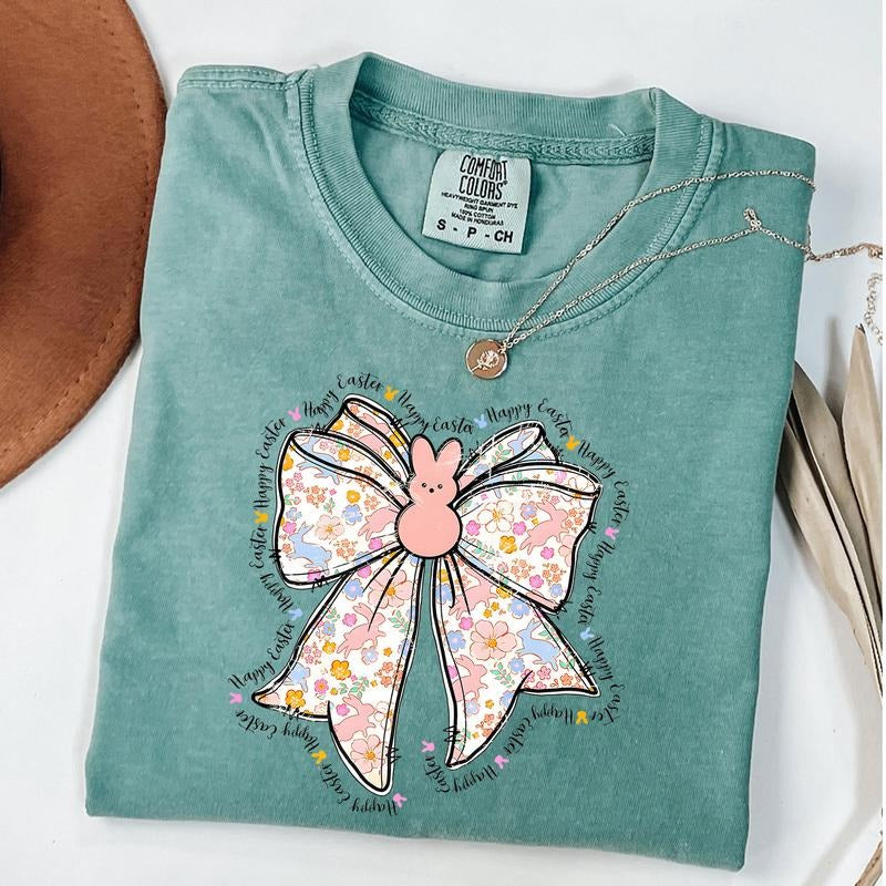Comfort Colors Bunny Coquette Easter Shirt, Floral Easter Bow Shirt, Brushstroke Easter Tee, Happy Easter T-Shirt Hoodie,...
