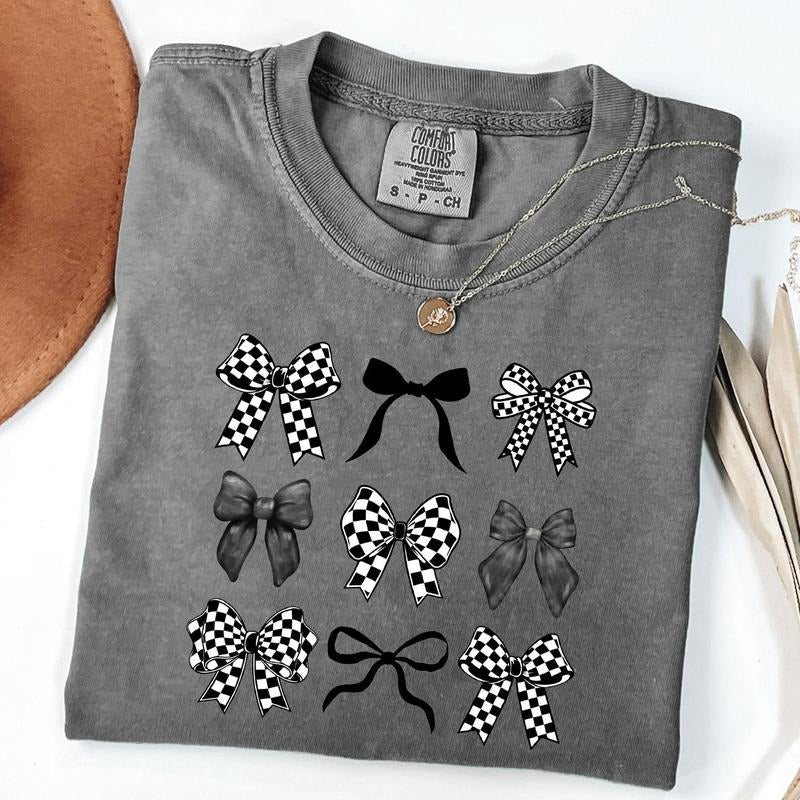Comfort Colors Checkered Bow T-Shirt, Coquette Black Bow Tee, Retro T-Shirt Hoodie, Sweatshirt | TeeBloomCo.com