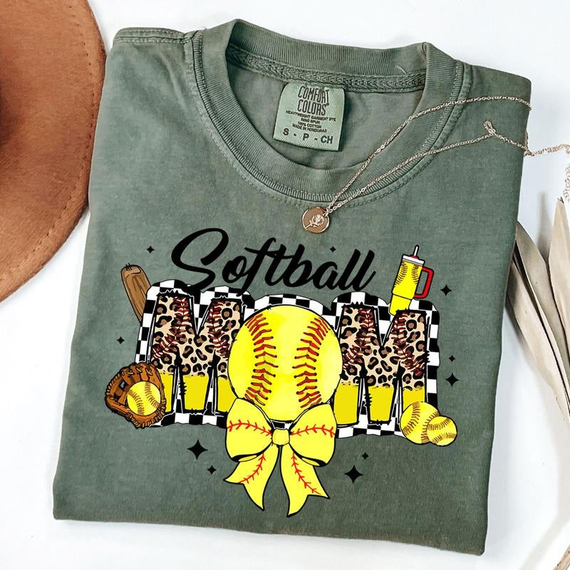 Comfort Colors Checkered Softball Mom Shirt, Softball Mom Coquette Shirt, Softball Game Day T-Shirt, Mothers Day Gift,...