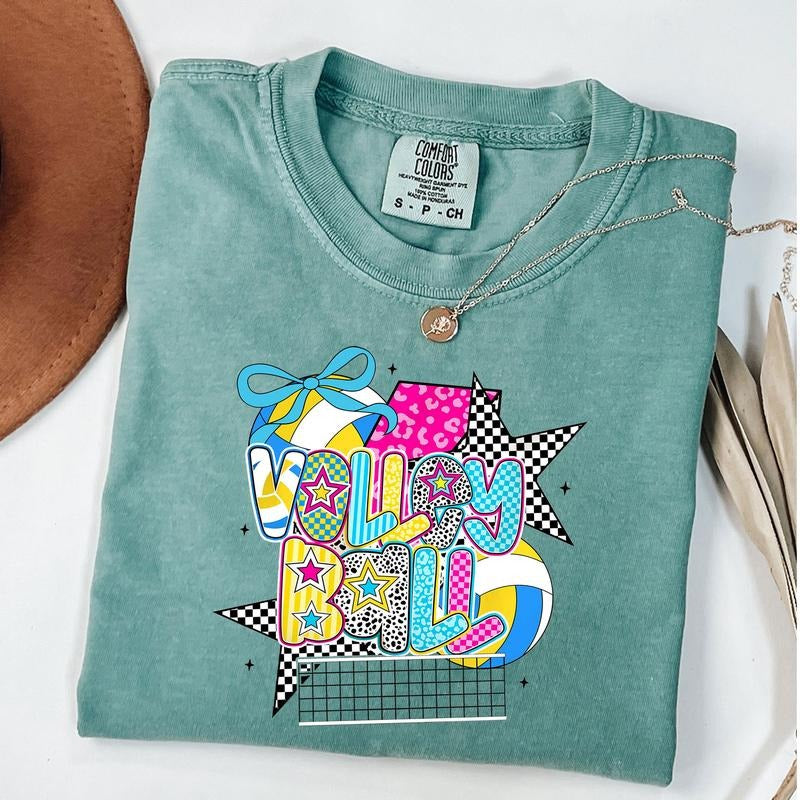 Comfort Colors Checkered Volleyball Shirt, Volleyball Coquette T-Shirt, Volleyball Mama Shirt, Game Day, Unisex T-Shirt...