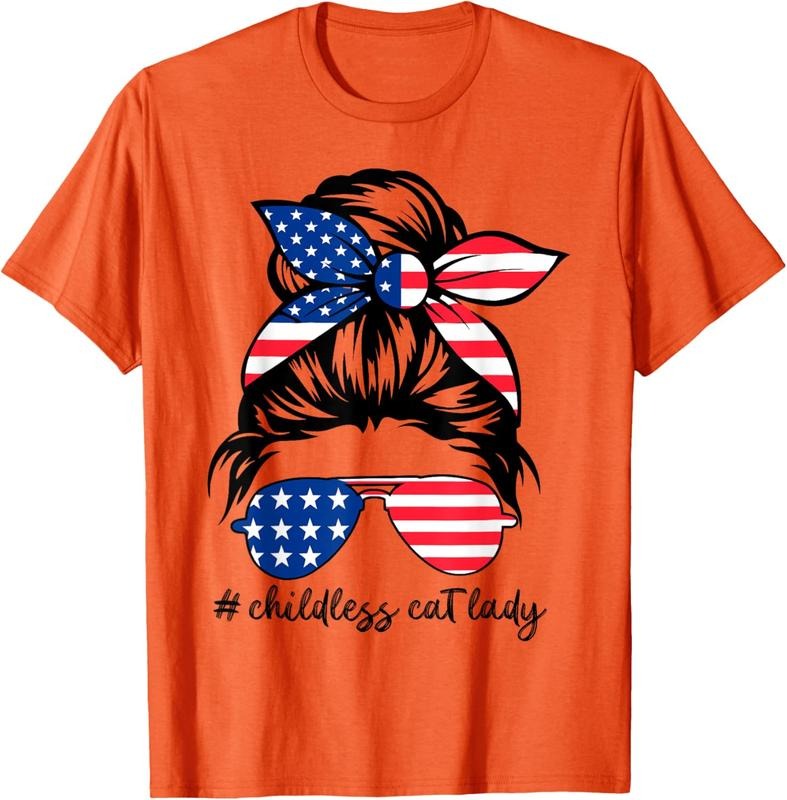 Comfort Colors Childless Cat Lady 2024 Messy Bun American Flag T-Shirt Hoodie, Sweatshirt | TeeBloomCo.com