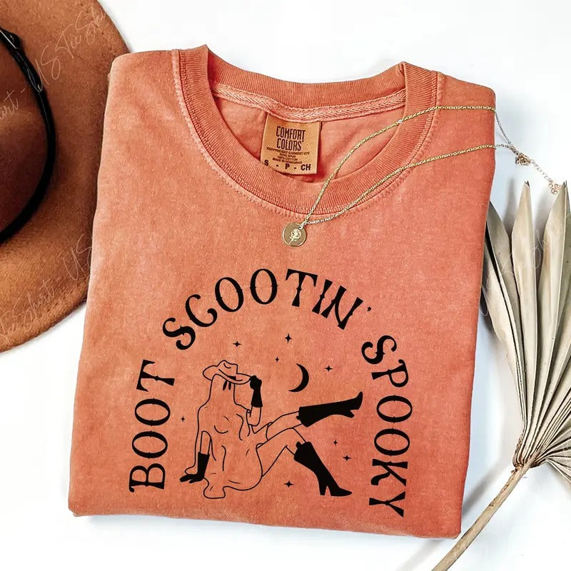 Comfort Colors Cowgirl Halloween Shirt, Boot Scootin Spooky Shirt, Western Halloween Shirt, Spooky Season Shirt, Ghost...