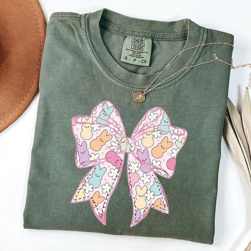 Comfort Colors Easter Coquette Bow T-Shirt, Cute Coquette Peeps Shirt, Happy Easter Shirt Hoodie, Sweatshirt | TeeBloomCo.com