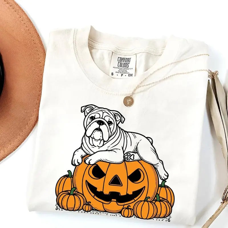 Comfort Colors English Bulldog Halloween Shirt, Pumpkin Bulldog Tee, Spooky Season Dog Shirt, Bulldog Mom Gift Hoodie,...
