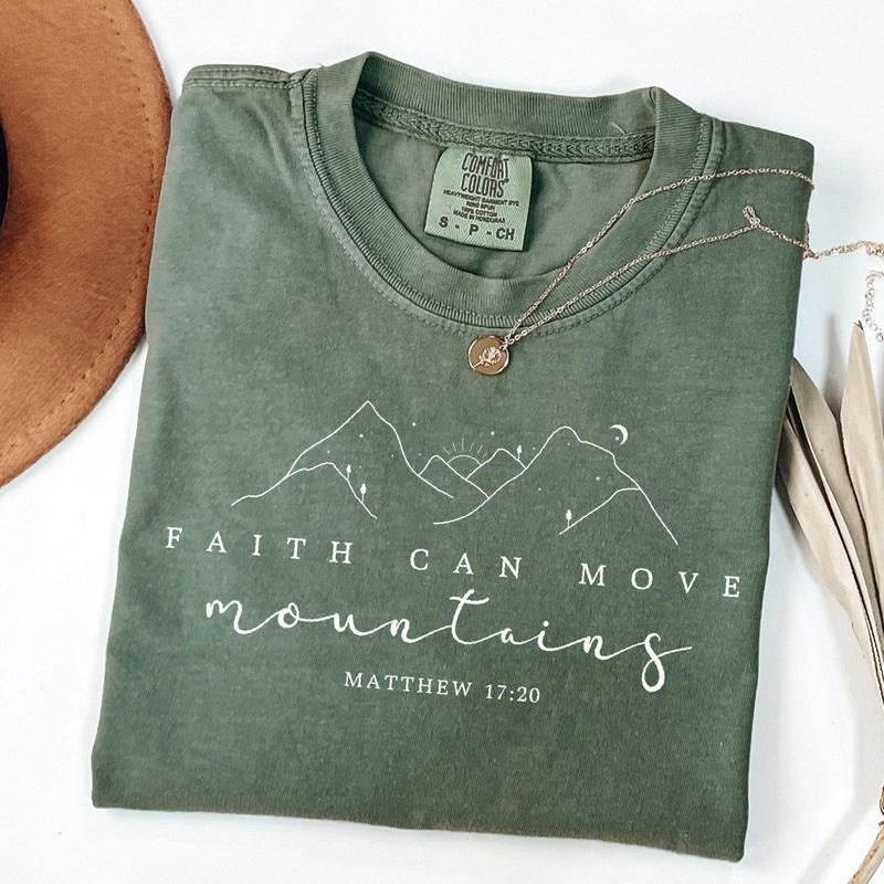 Comfort Colors Faith Can Move Mountains Shirt, Matthew 17:20, Christian Gift, Faith Shirt, Bible Verse T-Shirt, Minimal...